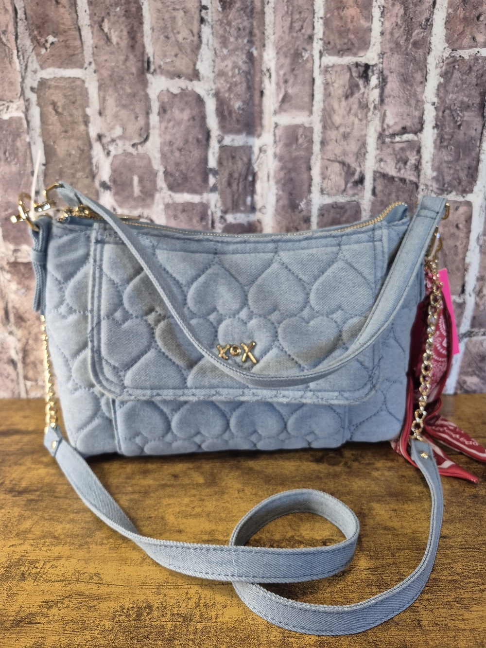 Betsey Johnson Denim Quilted Heart Crossbody Bag XOX With Bandana - Picture 13 of 16